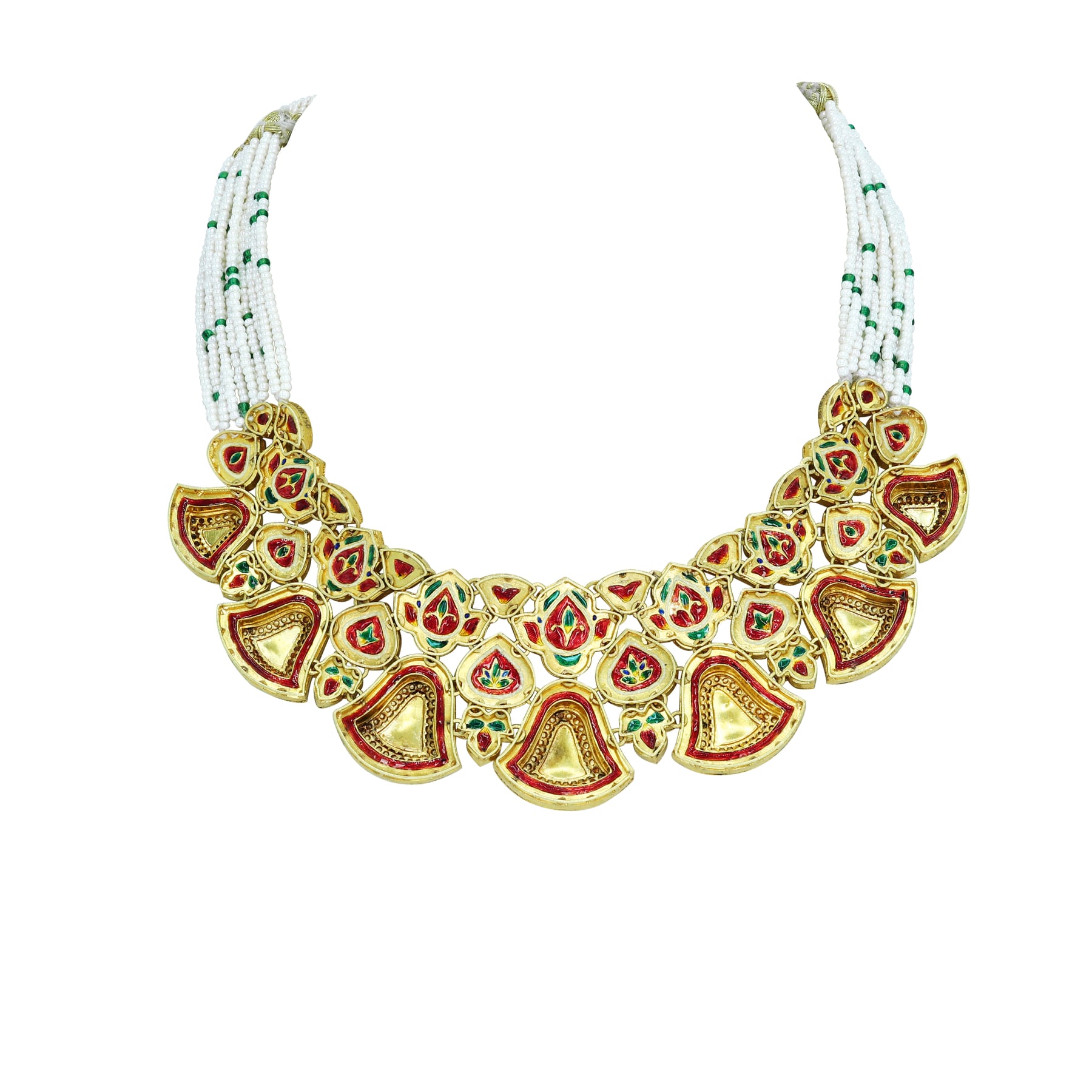 Polki Necklace Set with Fan Motifs and Matching Drops